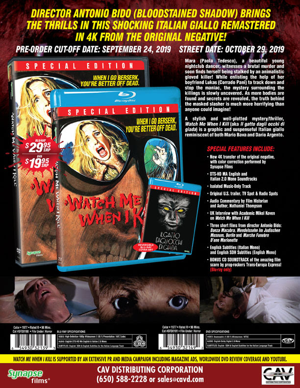 Synapse Films presents WATCH ME WHEN I KILL – Director Antonio Bido’s shocking Italian giallo